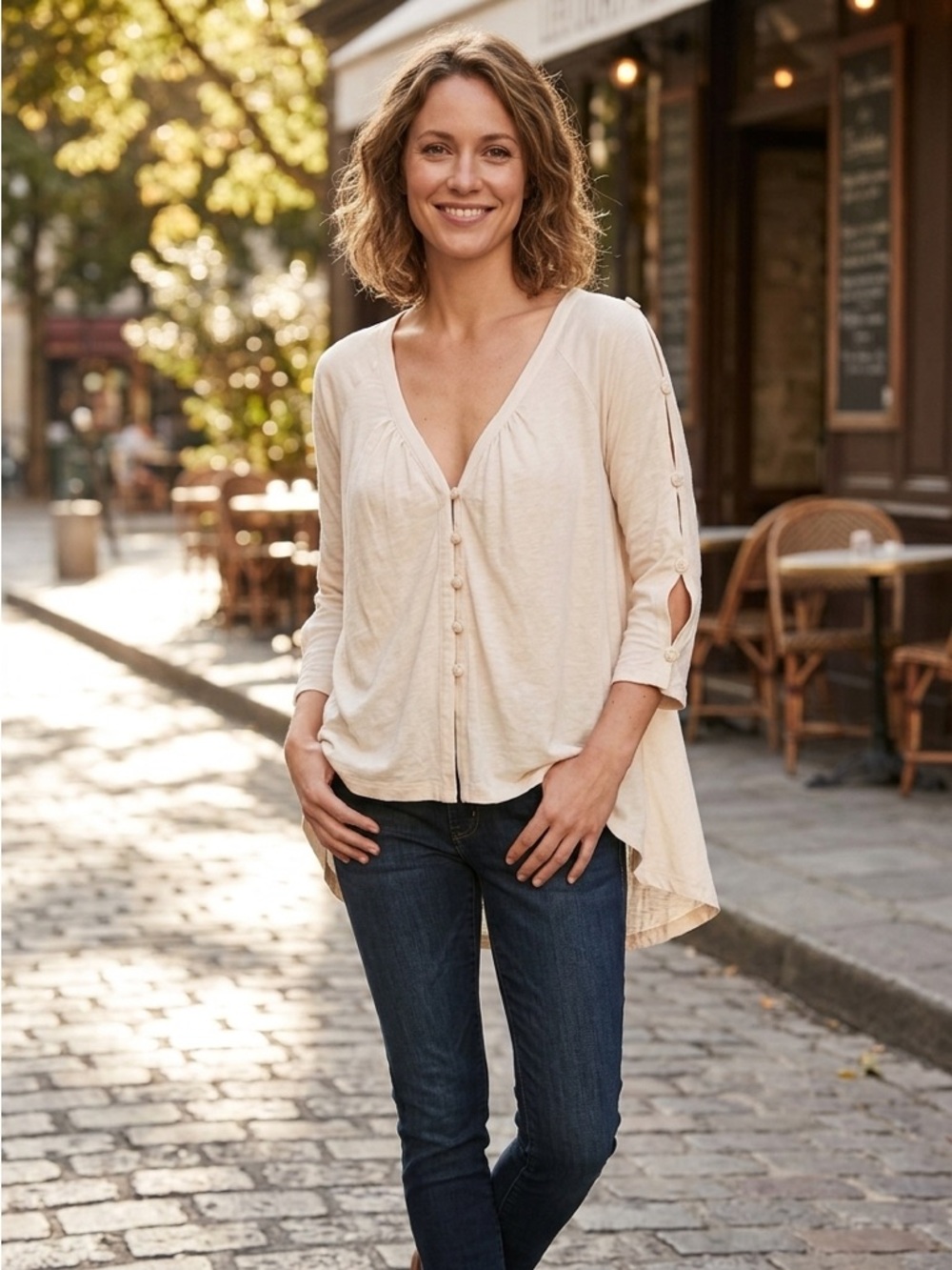 Postmark | Anthropologie | Cream Button-Sleeve Blouse | Sz M